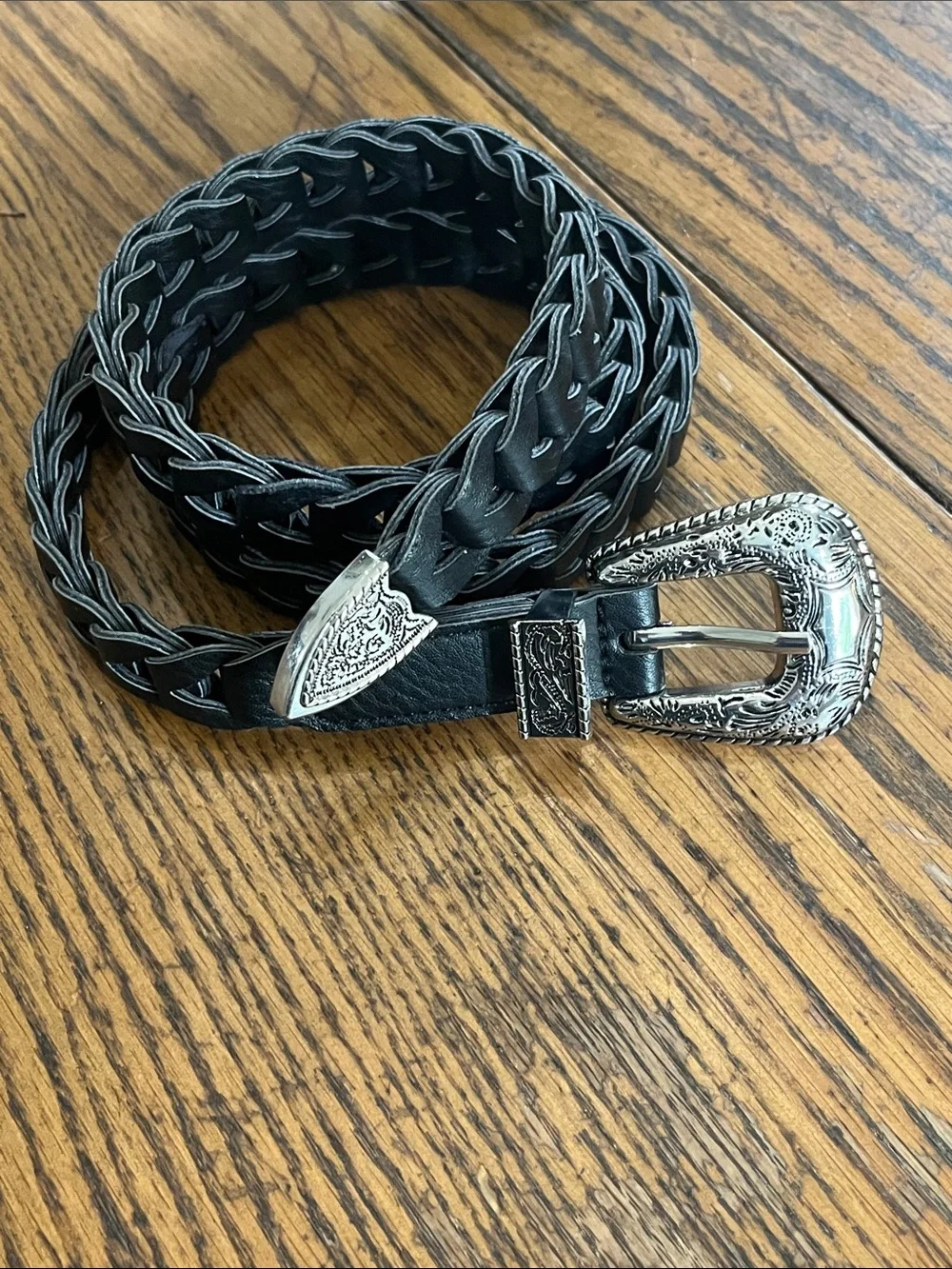Hecho Black Braided Leather Belt with Ornate Silver Buckle